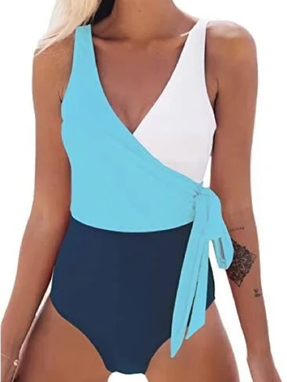 Cupshe White Light Blue Navy Wrap One-Piece Swimsuit